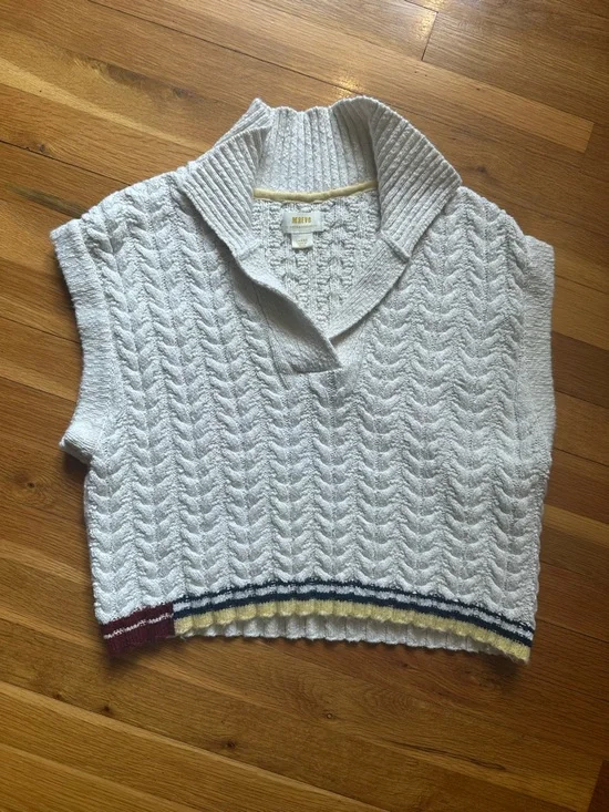 Anthropologie White Cable-Knit V-Neck Sweater Vest with Multicolor Stripe Hem - Picture 1 of 6